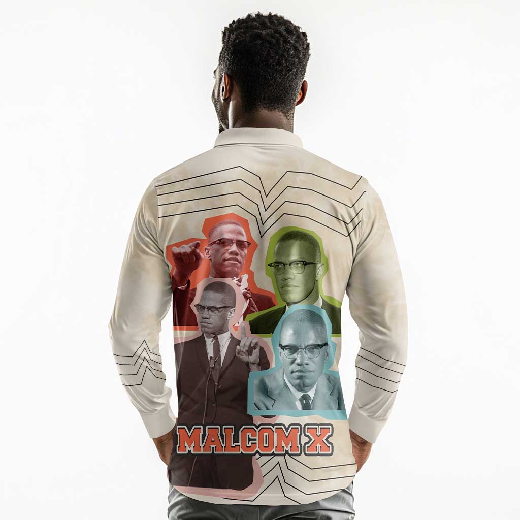 Malcolm X Long Sleeve Polo Shirt Pop Art Portrait Collage Civil Rights Activist Retro Style Design - African Pride