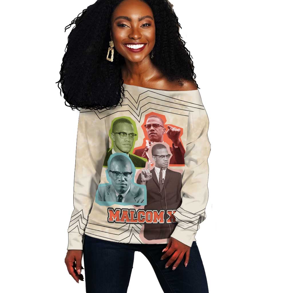Malcolm X Off Shoulder Sweater Pop Art Portrait Collage Civil Rights Activist Retro Style Design - African Pride