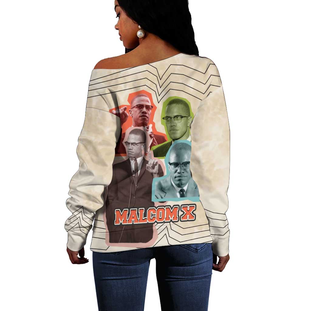 Malcolm X Off Shoulder Sweater Pop Art Portrait Collage Civil Rights Activist Retro Style Design - African Pride