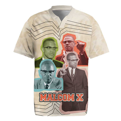Malcolm X Rugby Jersey Pop Art Portrait Collage Civil Rights Activist Retro Style Design TS04