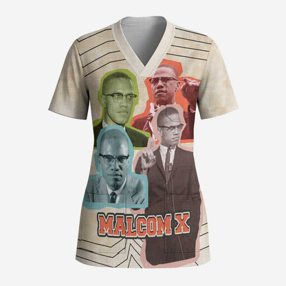 Malcolm X Scrub Top Pop Art Portrait Collage Civil Rights Activist Retro Style Design - African Pride