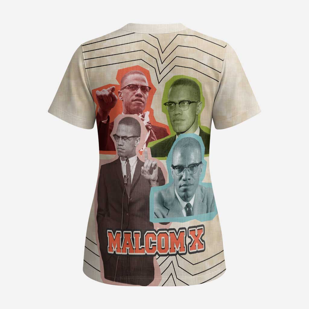 Malcolm X Scrub Top Pop Art Portrait Collage Civil Rights Activist Retro Style Design - African Pride