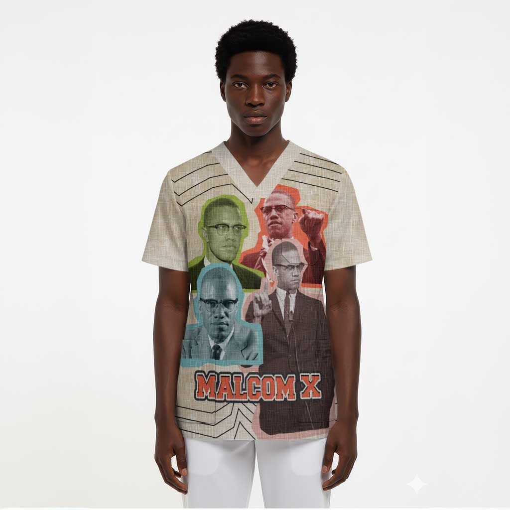 Malcolm X Scrub Top Pop Art Portrait Collage Civil Rights Activist Retro Style Design - African Pride