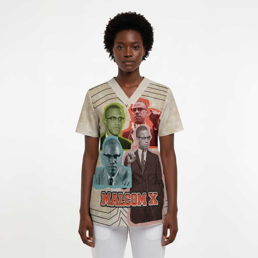 Malcolm X Scrub Top Pop Art Portrait Collage Civil Rights Activist Retro Style Design - African Pride