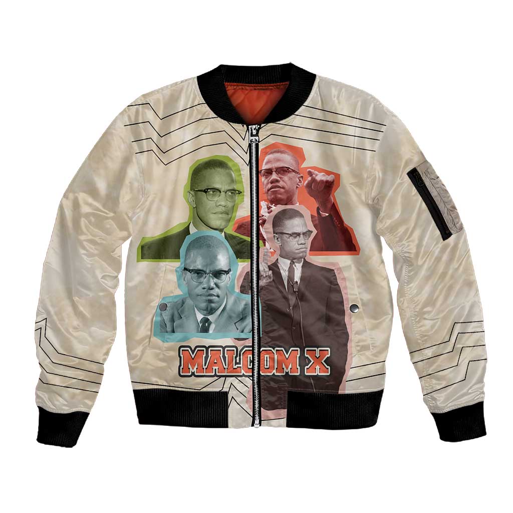 Malcolm X Sleeve Zip Bomber Jacket Pop Art Portrait Collage Civil Rights Activist Retro Style Design - African Pride
