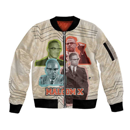 Malcolm X Sleeve Zip Bomber Jacket Pop Art Portrait Collage Civil Rights Activist Retro Style Design - African Pride