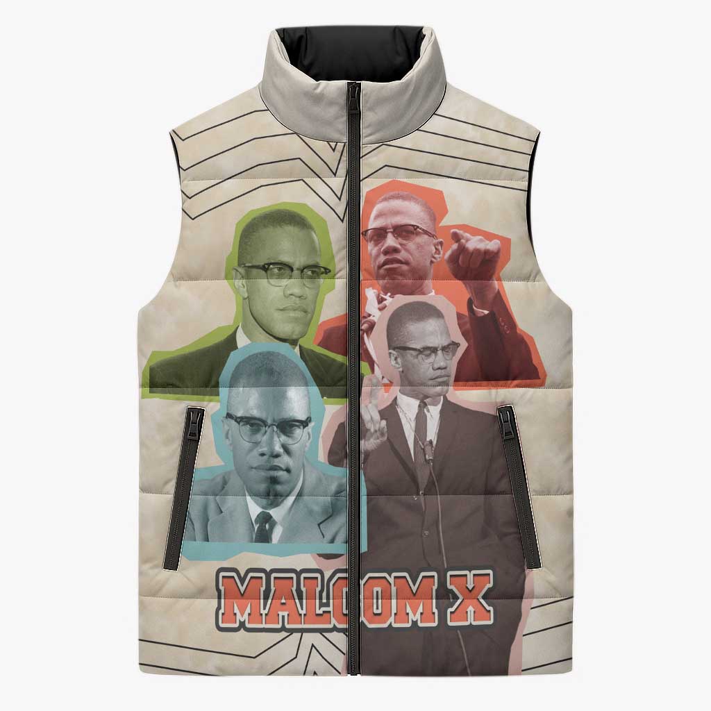 Malcolm X Sleeveless Puffer Jacket Pop Art Portrait Collage Civil Rights Activist Retro Style Design - African Pride