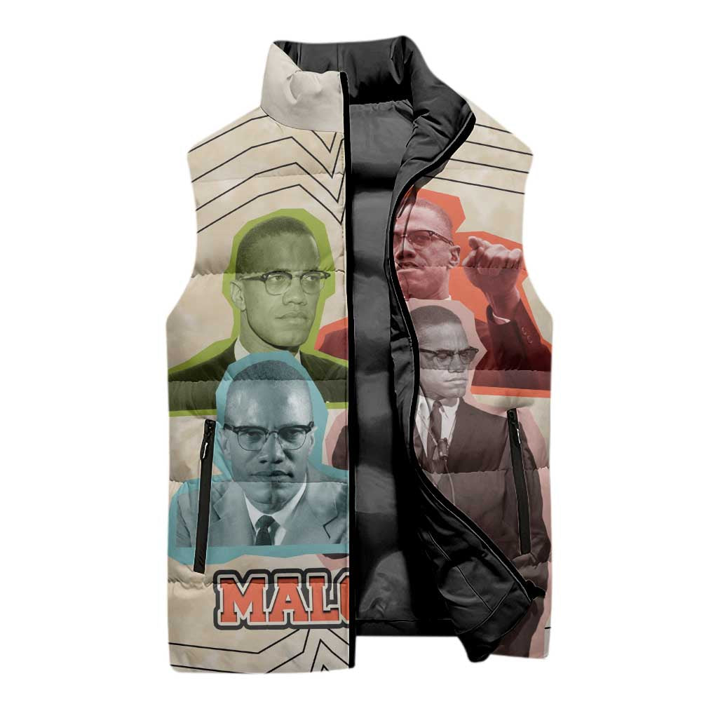 Malcolm X Sleeveless Puffer Jacket Pop Art Portrait Collage Civil Rights Activist Retro Style Design - African Pride