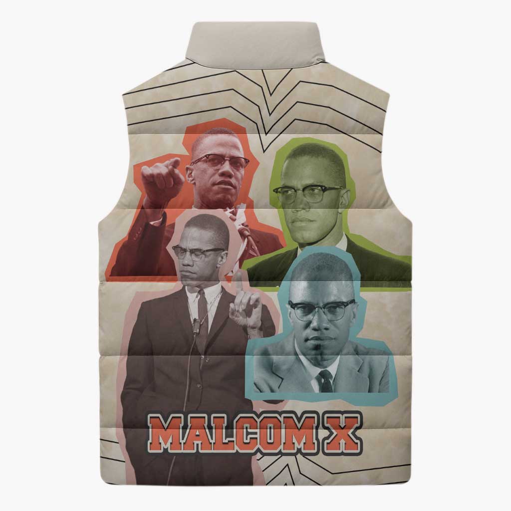 Malcolm X Sleeveless Puffer Jacket Pop Art Portrait Collage Civil Rights Activist Retro Style Design - African Pride