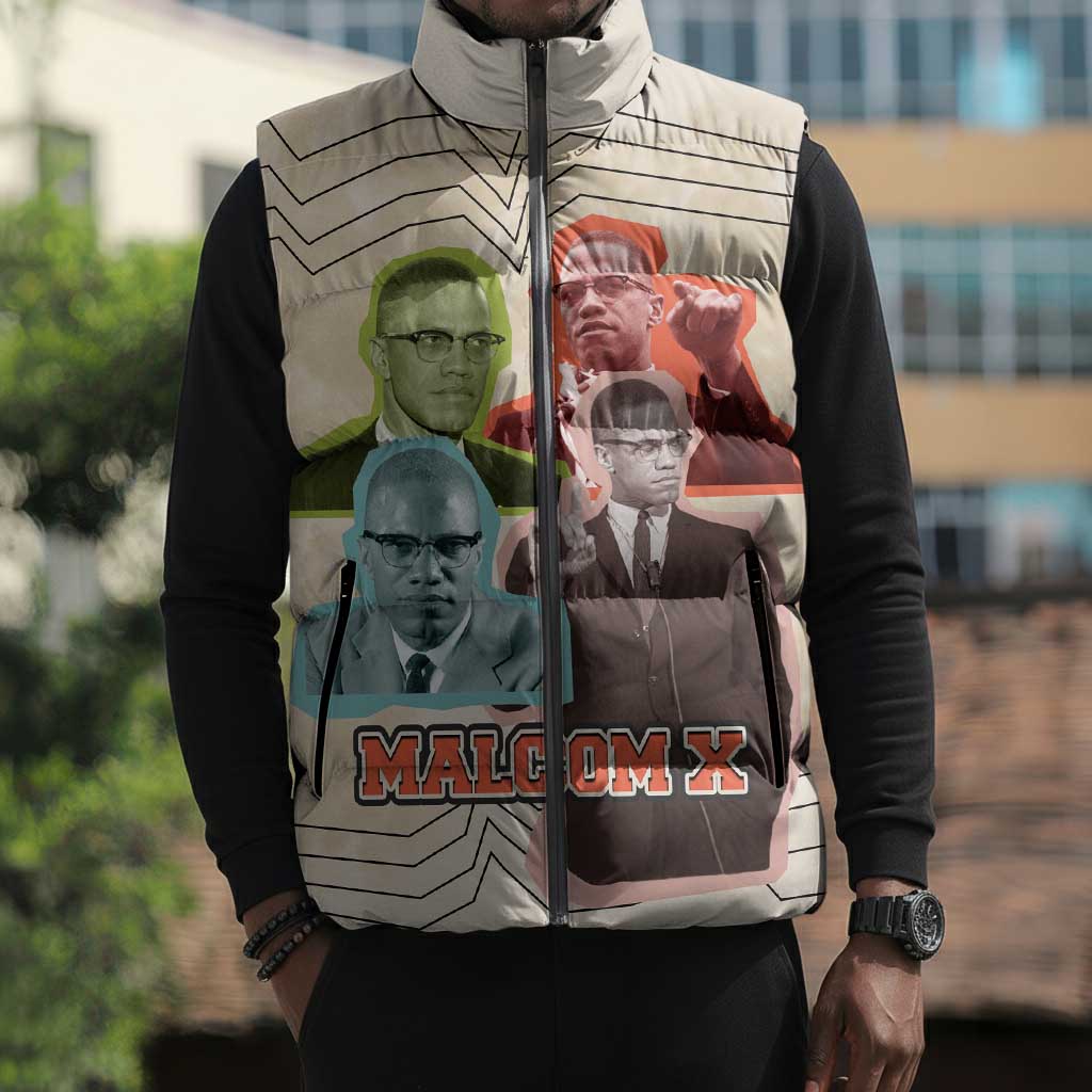 Malcolm X Sleeveless Puffer Jacket Pop Art Portrait Collage Civil Rights Activist Retro Style Design - African Pride