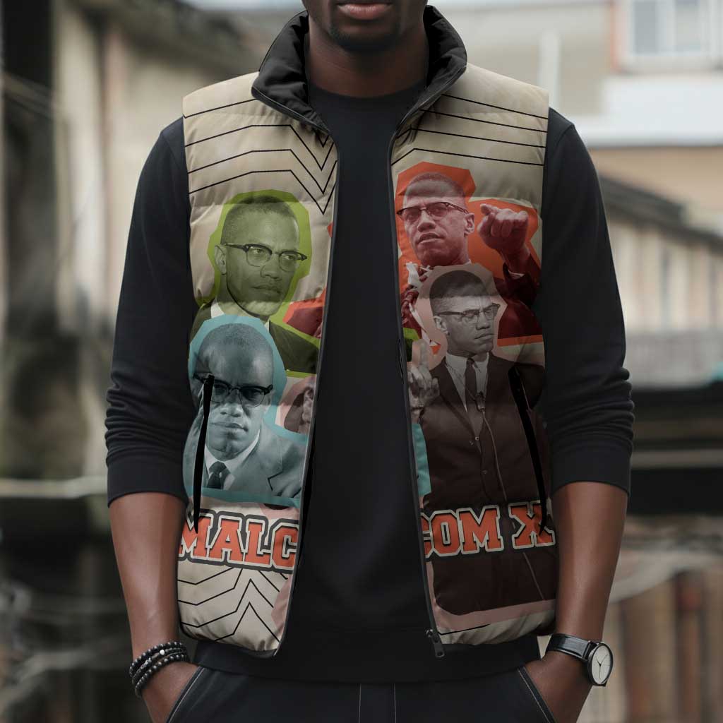 Malcolm X Sleeveless Puffer Jacket Pop Art Portrait Collage Civil Rights Activist Retro Style Design - African Pride