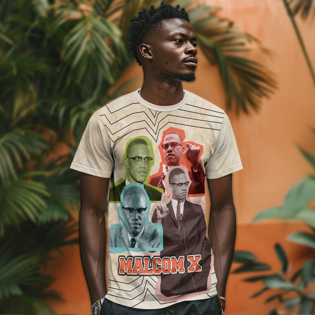 Malcolm X T shirt Pop Art Portrait Collage Civil Rights Activist Retro Style Design TS04