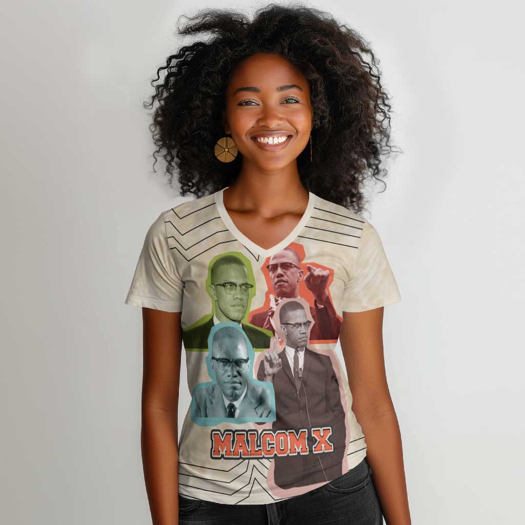 Malcolm X Women V-Neck T-Shirt Pop Art Portrait Collage Civil Rights Activist Retro Style Design TS04