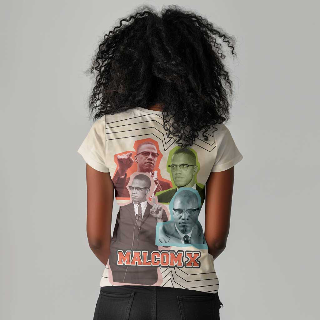 Malcolm X Women V-Neck T-Shirt Pop Art Portrait Collage Civil Rights Activist Retro Style Design TS04