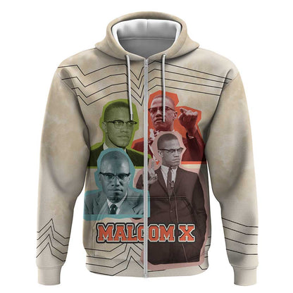 Malcolm X Zip Hoodie Pop Art Portrait Collage Civil Rights Activist Retro Style Design - African Pride