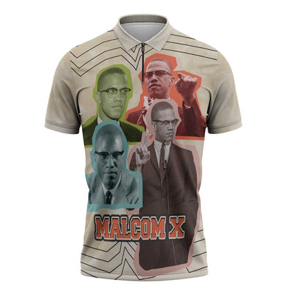 Malcolm X Zipper Polo Shirt Pop Art Portrait Collage Civil Rights Activist Retro Style Design - African Pride