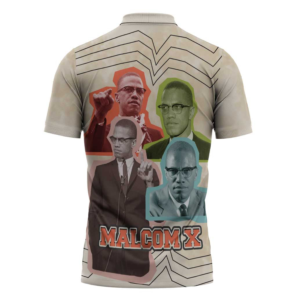 Malcolm X Zipper Polo Shirt Pop Art Portrait Collage Civil Rights Activist Retro Style Design - African Pride