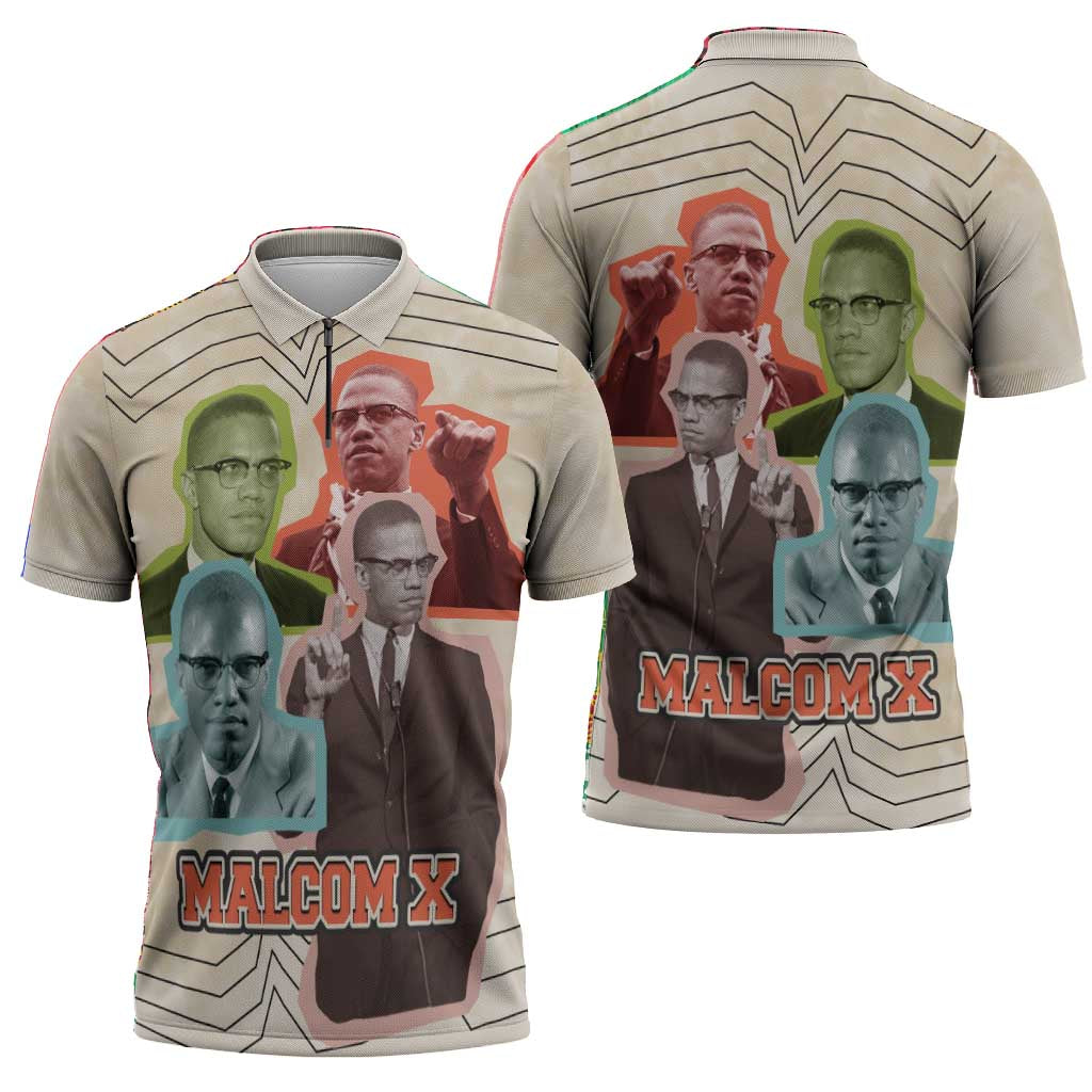 Malcolm X Zipper Polo Shirt Pop Art Portrait Collage Civil Rights Activist Retro Style Design - African Pride