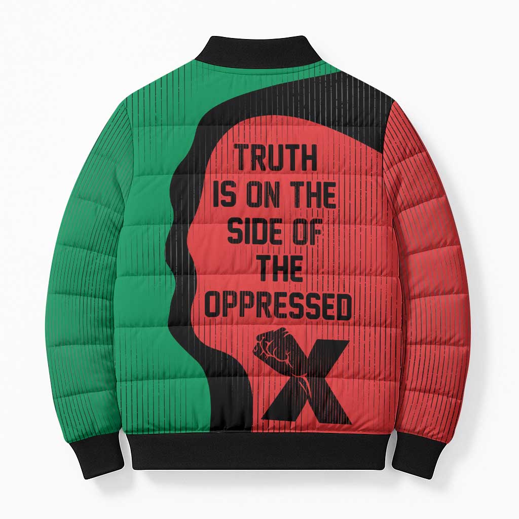 Malcolm X Bomber Puffer Jacket Truth Is on the Side of the Oppressed Quote Civil Rights Tribute - African Pride