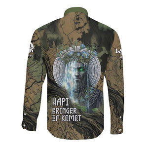Hapi Egyptian Long Sleeve Button Shirt Bringer of Kemet Nature Spirit Flowing Water and Earth Harmony