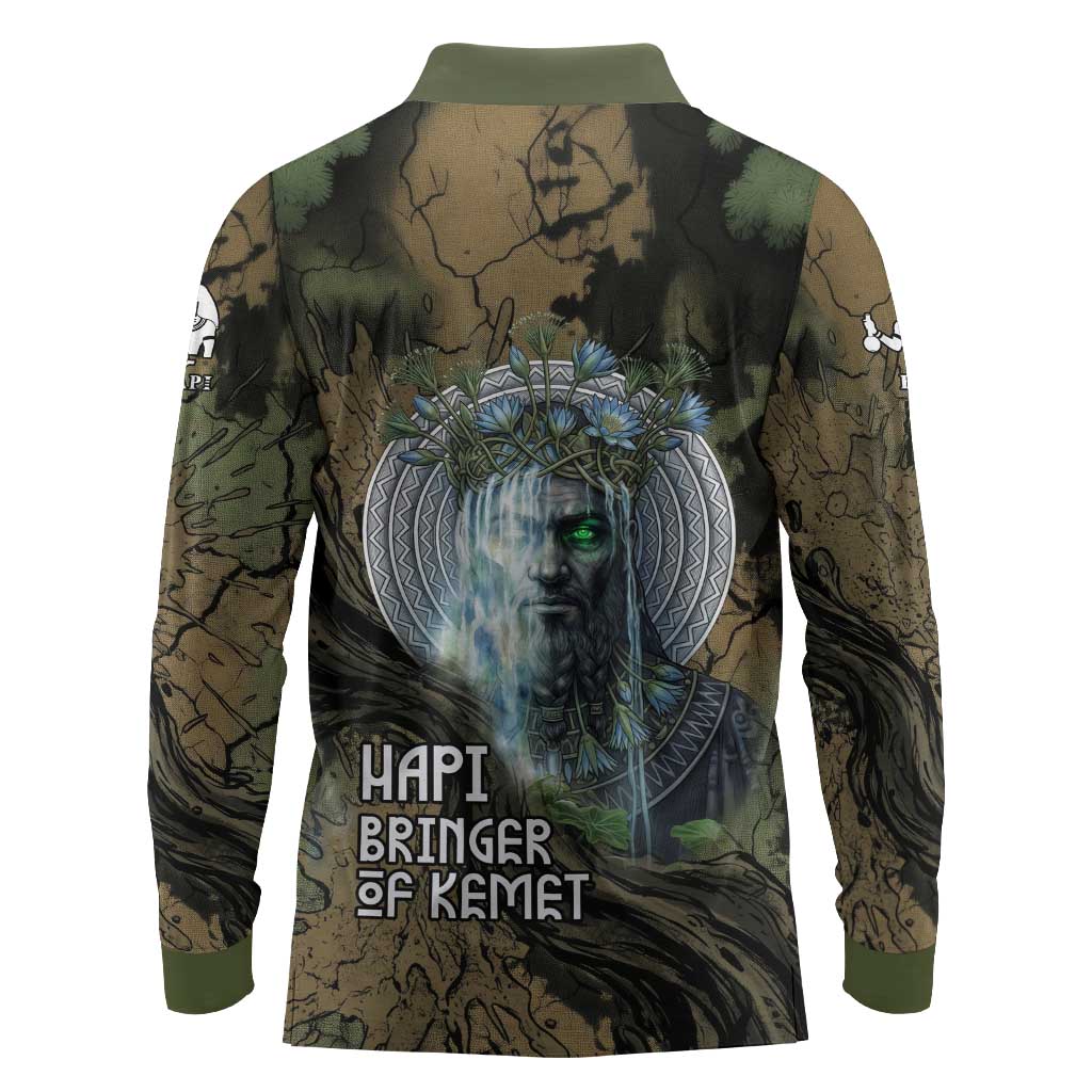Hapi Egyptian Long Sleeve Polo Shirt Bringer of Kemet Nature Spirit Flowing Water and Earth Harmony