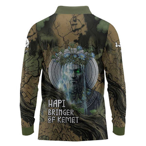 Hapi Egyptian Long Sleeve Polo Shirt Bringer of Kemet Nature Spirit Flowing Water and Earth Harmony
