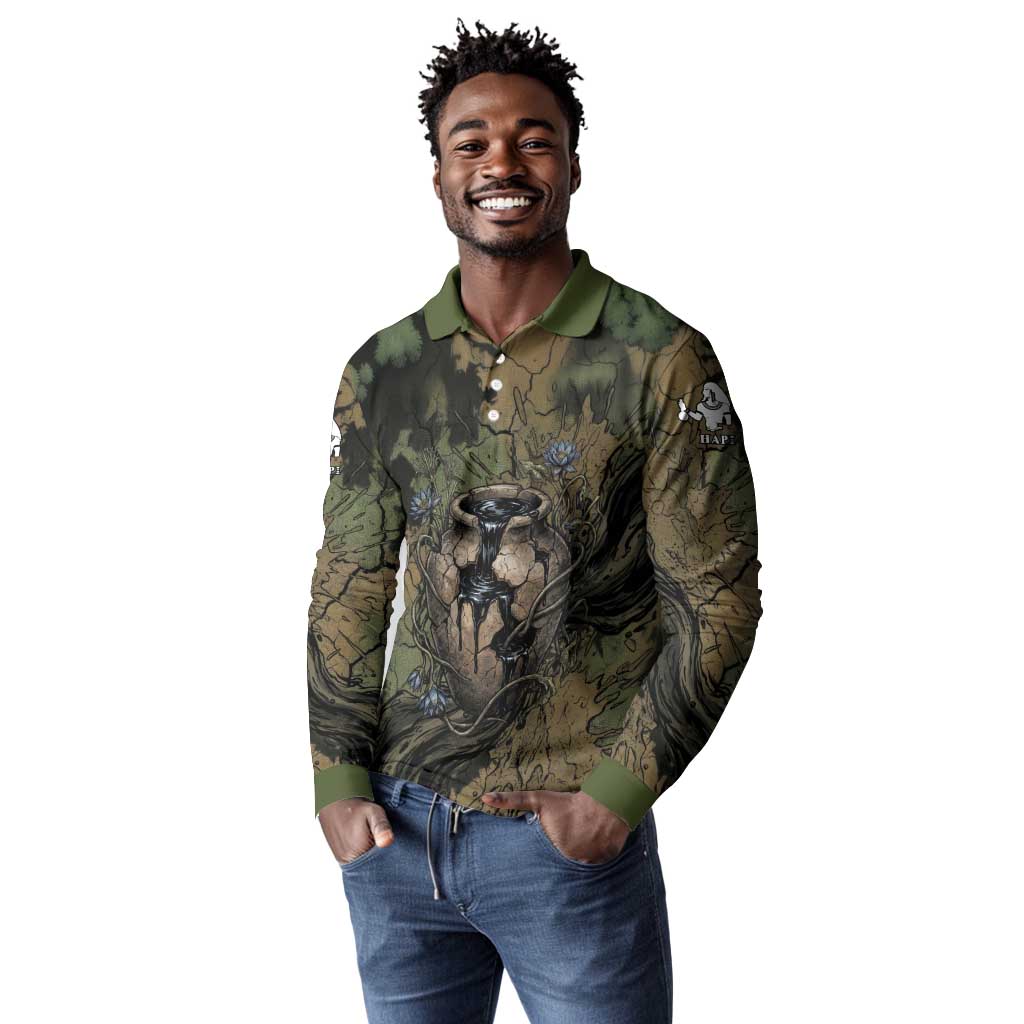 Hapi Egyptian Long Sleeve Polo Shirt Bringer of Kemet Nature Spirit Flowing Water and Earth Harmony