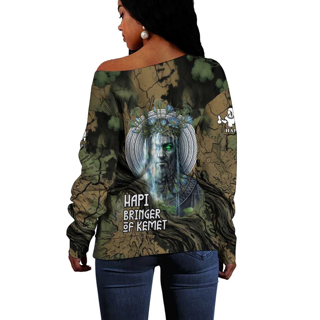 Hapi Egyptian Off Shoulder Sweater Bringer of Kemet Nature Spirit Flowing Water and Earth Harmony