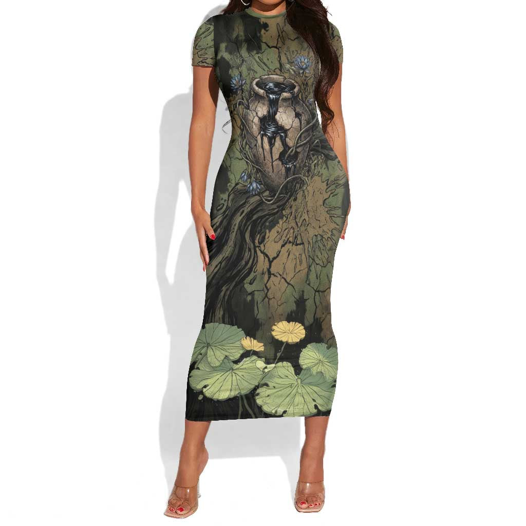 Hapi Egyptian Short Sleeve Bodycon Dress Bringer of Kemet Nature Spirit Flowing Water and Earth Harmony