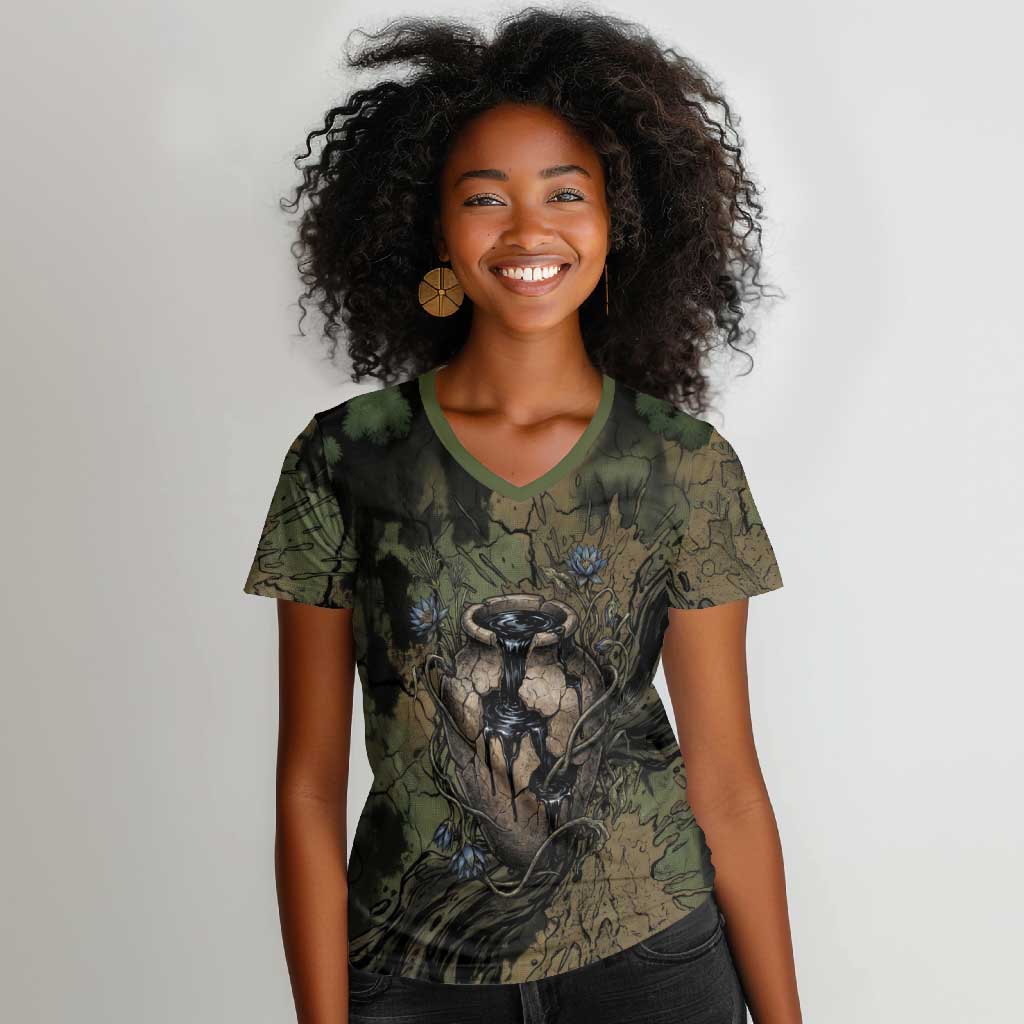 Hapi Egyptian Women V-Neck T-Shirt Bringer of Kemet Nature Spirit Flowing Water and Earth Harmony