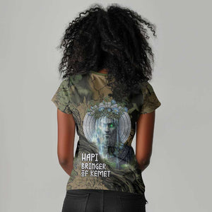 Hapi Egyptian Women V-Neck T-Shirt Bringer of Kemet Nature Spirit Flowing Water and Earth Harmony