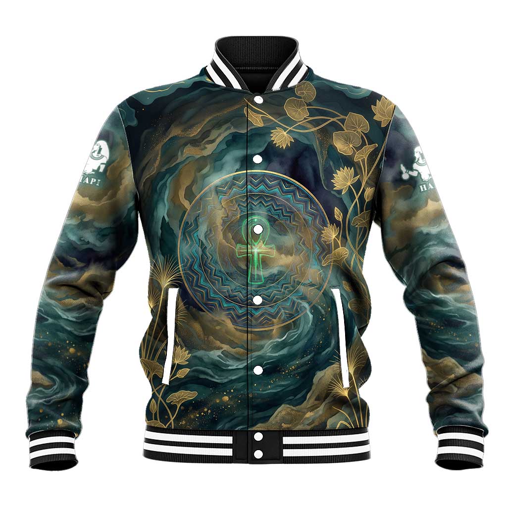 Egyptian Hapi Baseball Jacket God of the Nile Ankh Symbol Lotus Flowers and Sacred River Energy