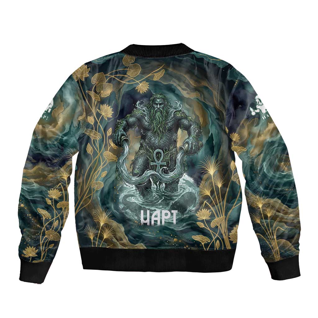Egyptian Hapi Bomber Jacket God of the Nile Ankh Symbol Lotus Flowers and Sacred River Energy