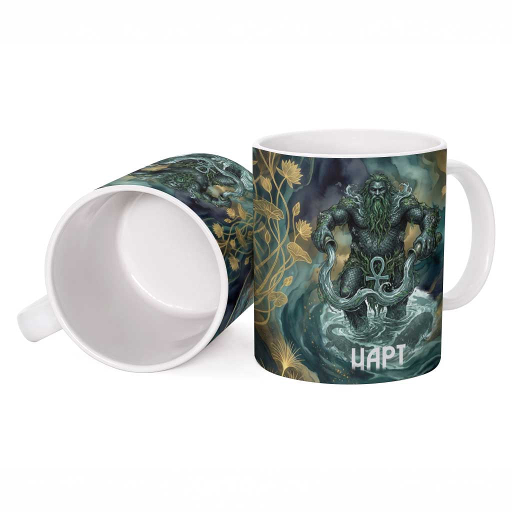 Egyptian Hapi Ceramic Mug God of the Nile Ankh Symbol Lotus Flowers and Sacred River Energy