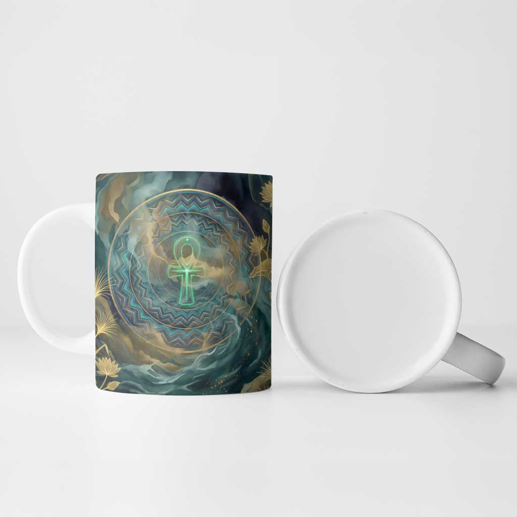 Egyptian Hapi Ceramic Mug God of the Nile Ankh Symbol Lotus Flowers and Sacred River Energy