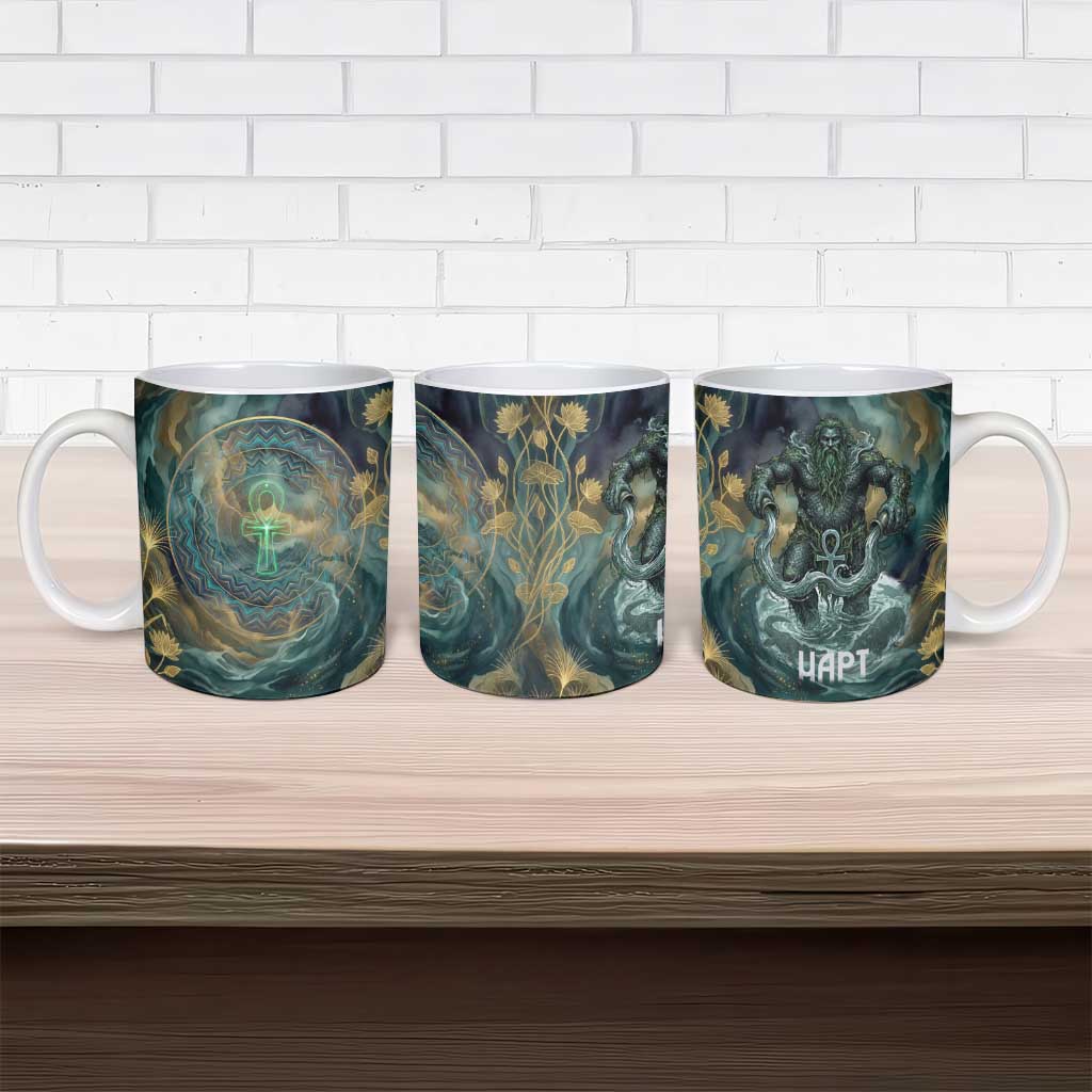 Egyptian Hapi Ceramic Mug God of the Nile Ankh Symbol Lotus Flowers and Sacred River Energy