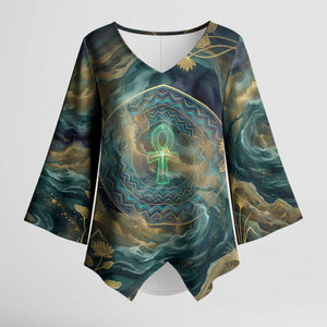 Egyptian Hapi Kimono Sleeve Blouse God of the Nile Ankh Symbol Lotus Flowers and Sacred River Energy
