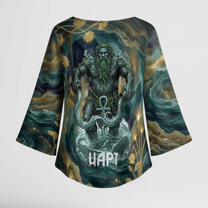 Egyptian Hapi Kimono Sleeve Blouse God of the Nile Ankh Symbol Lotus Flowers and Sacred River Energy