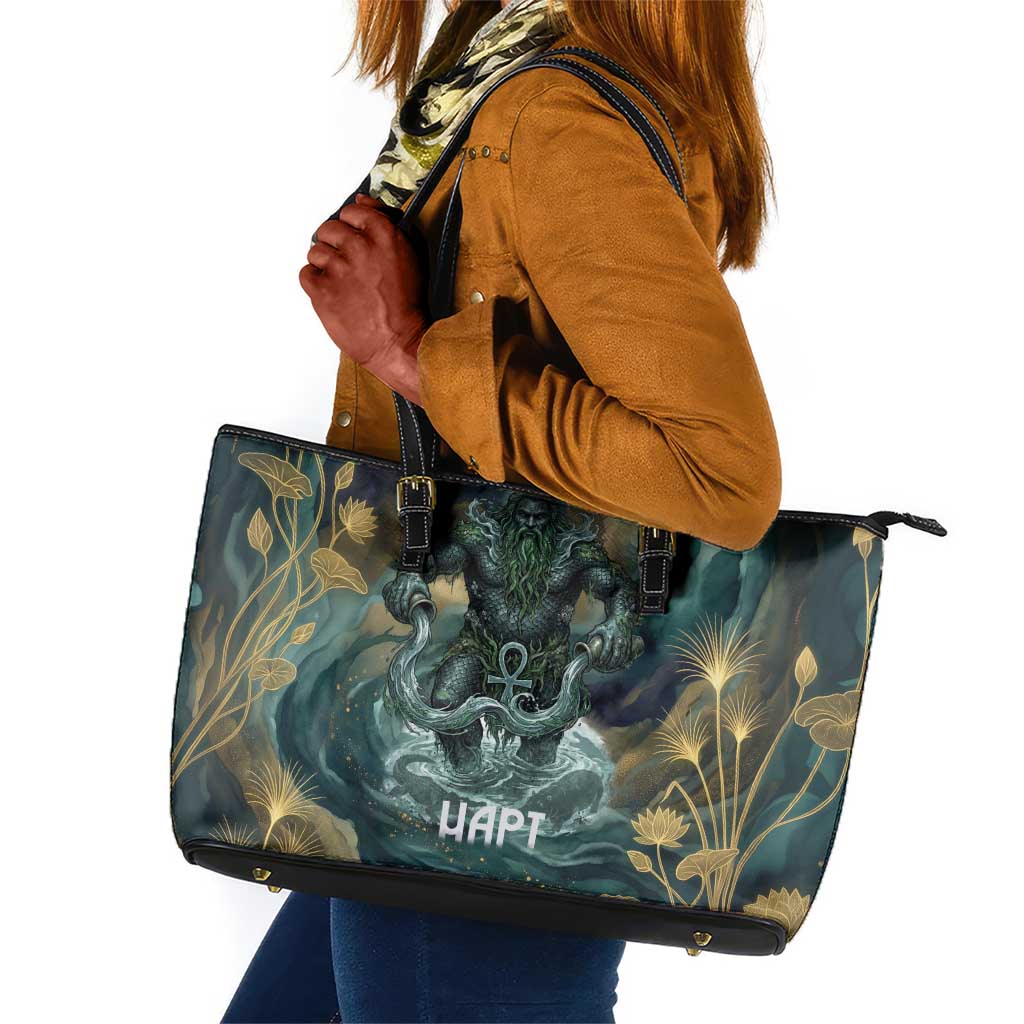 Egyptian Hapi Leather Tote Bag God of the Nile Ankh Symbol Lotus Flowers and Sacred River Energy