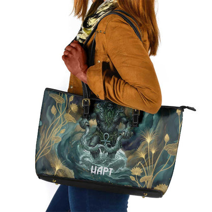 Egyptian Hapi Leather Tote Bag God of the Nile Ankh Symbol Lotus Flowers and Sacred River Energy