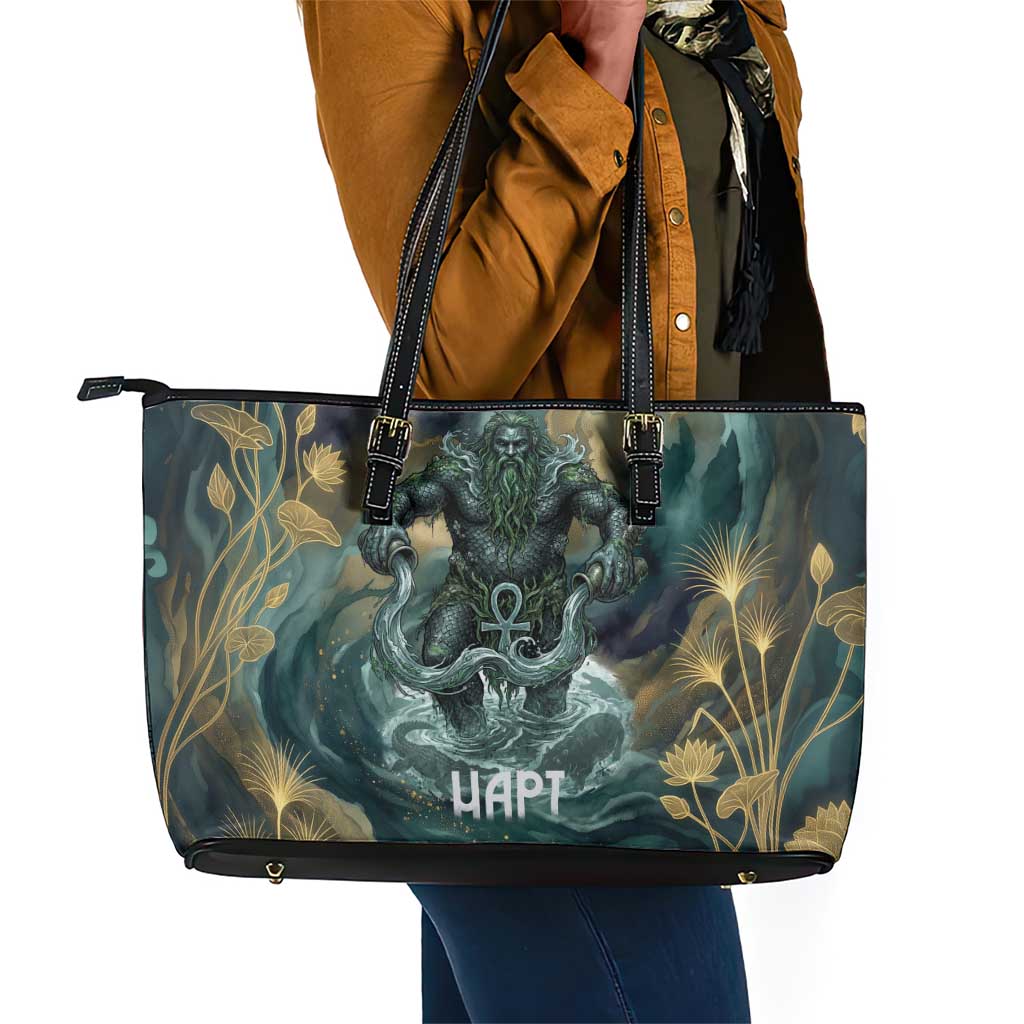 Egyptian Hapi Leather Tote Bag God of the Nile Ankh Symbol Lotus Flowers and Sacred River Energy