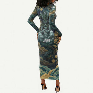 Egyptian Hapi Long Sleeve Bodycon Dress God of the Nile Ankh Symbol Lotus Flowers and Sacred River Energy