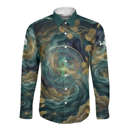 Egyptian Hapi Long Sleeve Button Shirt God of the Nile Ankh Symbol Lotus Flowers and Sacred River Energy