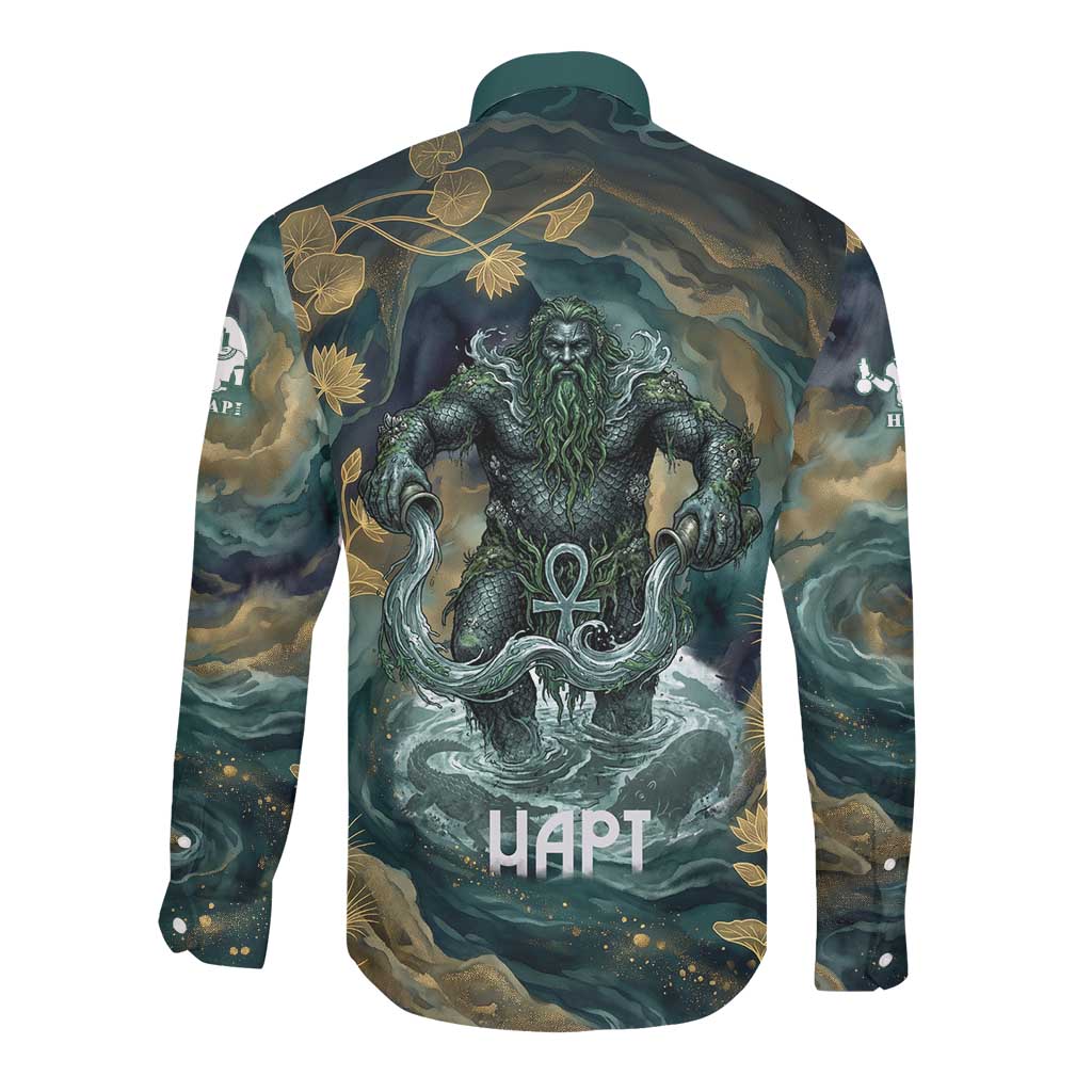 Egyptian Hapi Long Sleeve Button Shirt God of the Nile Ankh Symbol Lotus Flowers and Sacred River Energy