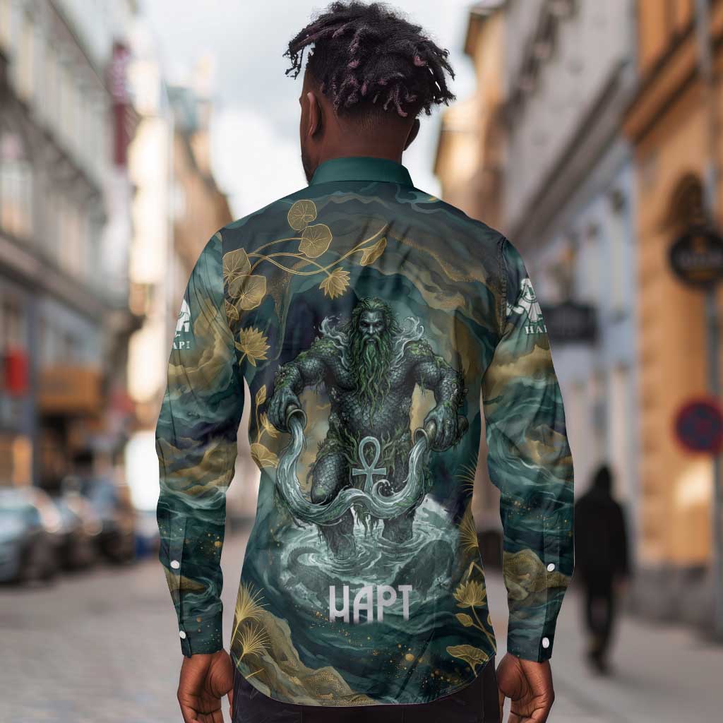 Egyptian Hapi Long Sleeve Button Shirt God of the Nile Ankh Symbol Lotus Flowers and Sacred River Energy