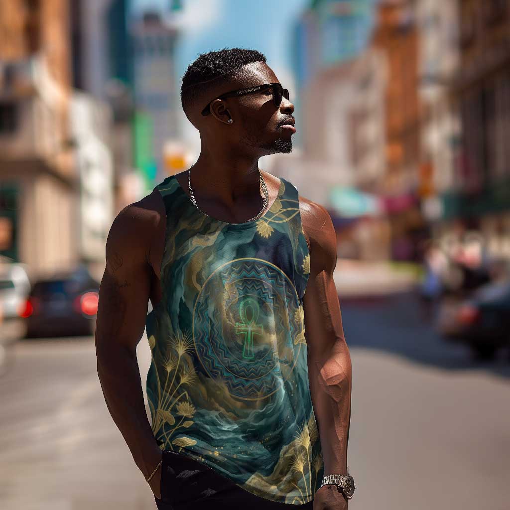 Egyptian Hapi Men Tank Top God of the Nile Ankh Symbol Lotus Flowers and Sacred River Energy