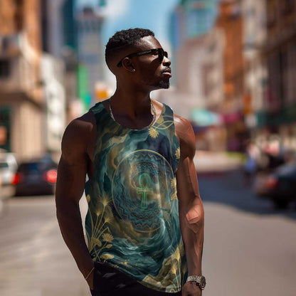 Egyptian Hapi Men Tank Top God of the Nile Ankh Symbol Lotus Flowers and Sacred River Energy