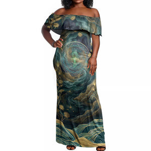 Egyptian Hapi Off Shoulder Maxi Dress God of the Nile Ankh Symbol Lotus Flowers and Sacred River Energy