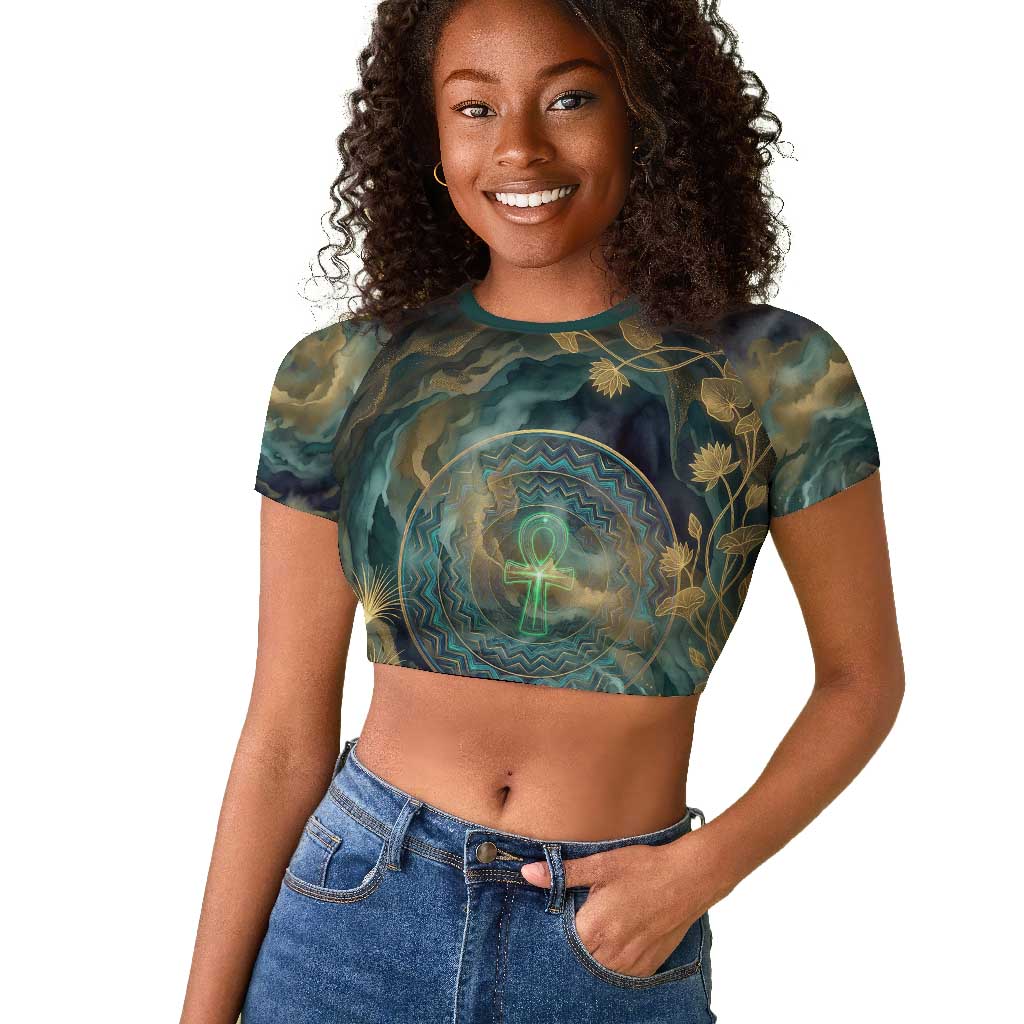 Egyptian Hapi Raglan Cropped T shirt God of the Nile Ankh Symbol Lotus Flowers and Sacred River Energy