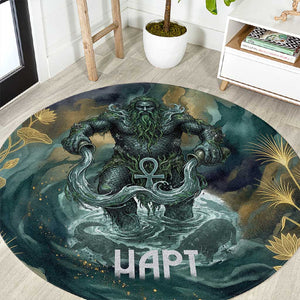 Egyptian Hapi Round Carpet God of the Nile Ankh Symbol Lotus Flowers and Sacred River Energy